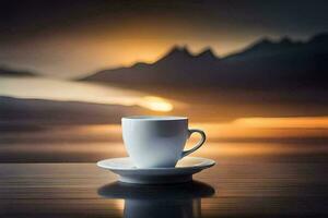 ein Tasse von Kaffee auf ein Tabelle mit Berge im das Hintergrund. KI-generiert foto