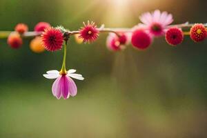 ein Rosa Blume ist hängend von ein Ast. KI-generiert foto