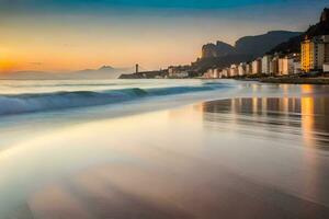 das Strand beim Sonnenuntergang im Rio de Janeiro, Brasilien. KI-generiert foto