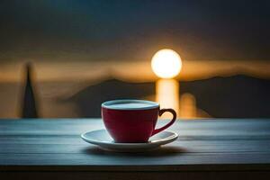 ein rot Tasse von Kaffee auf ein hölzern Tabelle mit das Sonne Rahmen hinter Es. KI-generiert foto