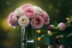 Rosa Rosen im ein Vase auf ein Tisch. KI-generiert foto