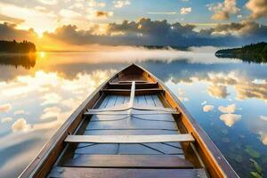 ein Boot auf ein See beim Sonnenuntergang. KI-generiert foto