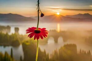 ein rot Blume ist Stehen auf ein Ast mit das Sonne Rahmen hinter Es. KI-generiert foto