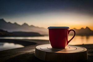 ein rot Kaffee Tasse sitzt auf ein hölzern Tabelle in der Nähe von ein See. KI-generiert foto