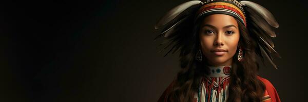 einheimisch amerikanisch Frau im festlich Insignien isoliert auf ein Gradient Hintergrund foto