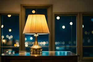 ein Lampe auf ein Tabelle im Vorderseite von ein Fenster. KI-generiert foto