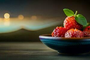 Erdbeeren im ein Schüssel auf ein Tisch. KI-generiert foto