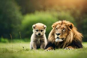 Löwe und Jungtier im das Feld. KI-generiert foto