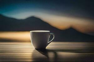 Kaffee Tasse auf ein hölzern Tabelle mit Berge im das Hintergrund. KI-generiert foto