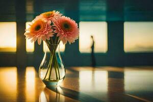 ein Vase von Blumen auf ein Tabelle im Vorderseite von ein Fenster. KI-generiert foto