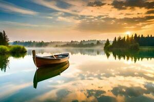 ein Boot auf das See beim Sonnenaufgang. KI-generiert foto