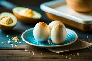drei Eier auf ein Teller mit ein Schüssel von Avocado. KI-generiert foto