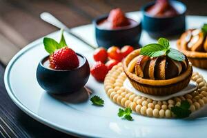 ein Teller mit Dessert und Erdbeeren. KI-generiert foto