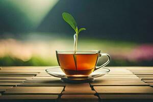 ein Tasse von Tee auf ein hölzern Tisch. KI-generiert foto