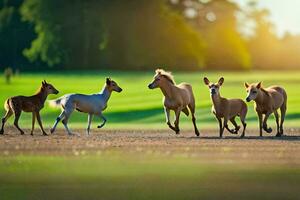 ein Gruppe von Pferde Laufen im das Gras. KI-generiert foto