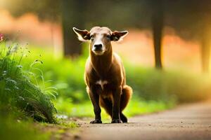 ein braun Kuh Stehen auf ein Straße im das Gras. KI-generiert foto