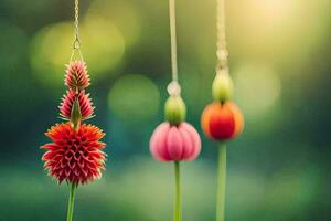 drei Blumen hängend von Saiten im das Sonne. KI-generiert foto