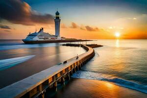 ein Leuchtturm im das Ozean beim Sonnenuntergang. KI-generiert foto