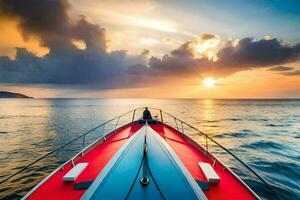 das Sonne setzt Über das Ozean im ein Boot. KI-generiert foto