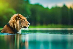 ein Löwe ist Schwimmen im das Wasser. KI-generiert foto