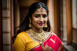 ein Frau im ein rot Sari und Gold Schmuck. KI-generiert foto