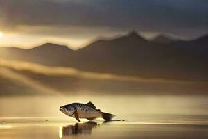 ein Fisch ist Stehen auf das Wasser beim Sonnenuntergang. KI-generiert foto