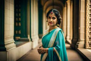 ein schön indisch Frau im ein Blau Sari. KI-generiert foto