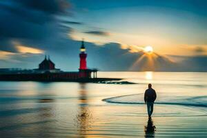 ein Mann Gehen entlang das Strand beim Sonnenuntergang. KI-generiert foto