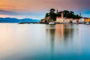 ein schön Sonnenuntergang Über ein See mit ein Schloss im das Hintergrund. KI-generiert foto