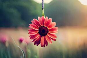 ein Rosa Blume hängend von ein Zeichenfolge im ein Feld. KI-generiert foto