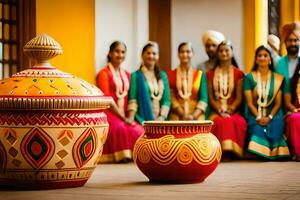 ein Gruppe von Frauen im bunt Saris Sitzung um ein groß Topf. KI-generiert foto