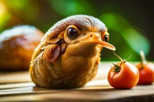 ein klein Vogel mit ein Tomate auf ein Tisch. KI-generiert foto