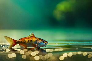 ein Fisch ist Stehen auf das Wasser mit ein hell Licht hinter Es. KI-generiert foto