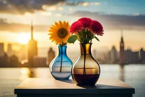 Sonnenblumen im Vasen auf ein Tabelle mit ein Stadt im das Hintergrund. KI-generiert foto