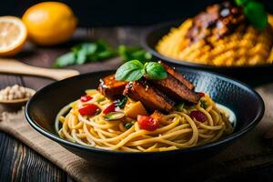 Spaghetti mit Fleisch und Gemüse im ein Schüssel. KI-generiert foto