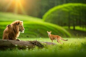 ein Löwe und ein Hirsch sind Sitzung auf ein Log im das Gras. KI-generiert foto