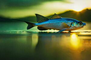 ein Fisch ist Stehen auf das Strand beim Sonnenuntergang. KI-generiert foto