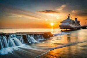 ein Kreuzfahrt Schiff angedockt beim das Strand beim Sonnenuntergang. KI-generiert foto