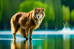 ein Wolf Stehen im das Wasser mit ein Grün Hintergrund. KI-generiert foto