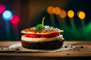 ein Dessert mit Erdbeeren und Sahne auf ein hölzern Tisch. KI-generiert foto