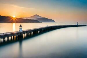 ein lange Exposition fotografieren von ein Seebrücke beim Sonnenuntergang. KI-generiert foto