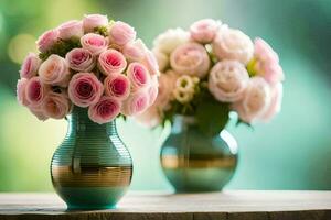 zwei Vasen mit Rosa Rosen Sitzung auf ein Tisch. KI-generiert foto