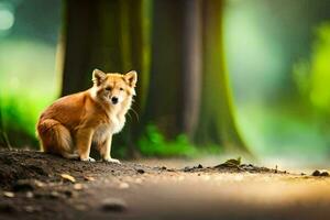 ein Hund Sitzung auf das Boden im das Wald. KI-generiert foto