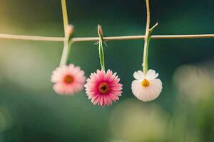 drei Rosa Blumen hängend von ein Wäscheleine. KI-generiert foto