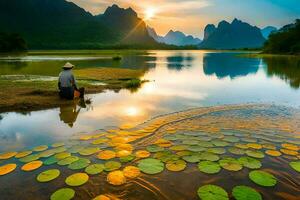 das Sonne steigt an Über das li Fluss im China. KI-generiert foto