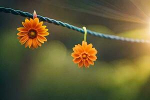 zwei Orange Blumen hängend von ein Kabel. KI-generiert foto