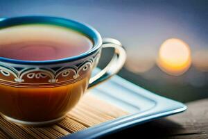 ein Tasse von Tee auf ein hölzern Tisch. KI-generiert foto