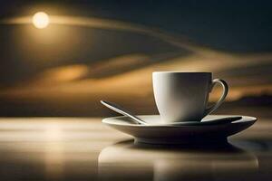 Kaffee Tasse, Löffel, Mond, das Himmel, das Nacht, das Nacht Himmel, Die. KI-generiert foto