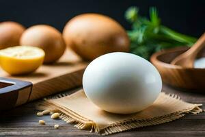 Eier und andere Zutaten auf ein hölzern Tisch. KI-generiert foto