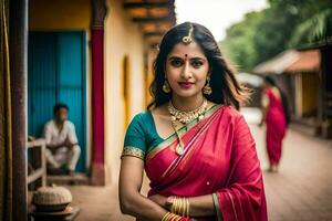 ein schön indisch Frau im ein rot Sari. KI-generiert foto